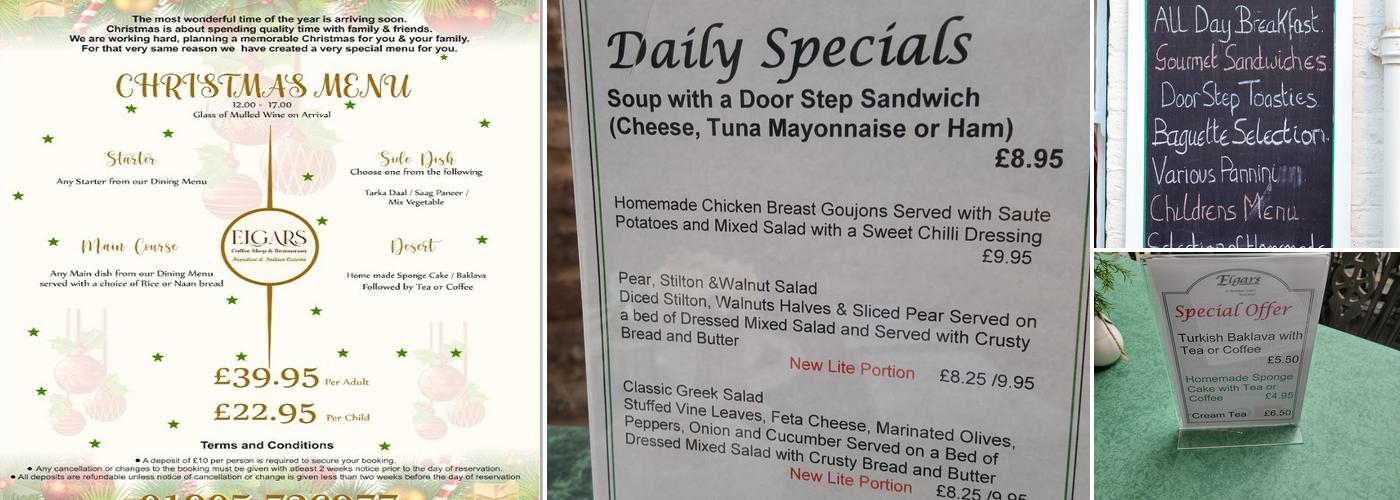 Elgars Coffee Shop & Licensed Resturant Menu