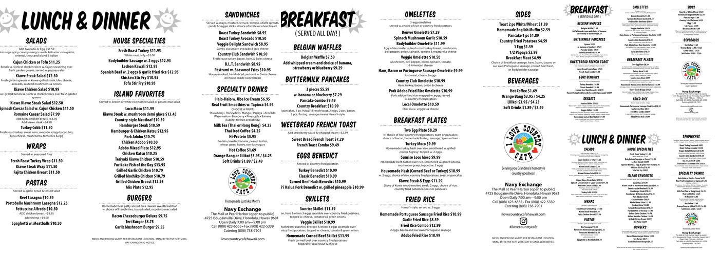 I Love Country Cafe Menu