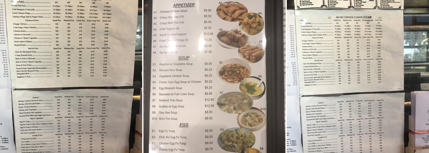 Ho Ho Chinese Cuisine Menu