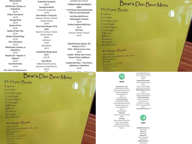 Bears Den Menu
