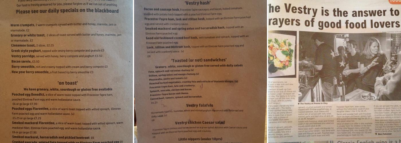 Vestry Cafe at Prema Arts Centre Menu