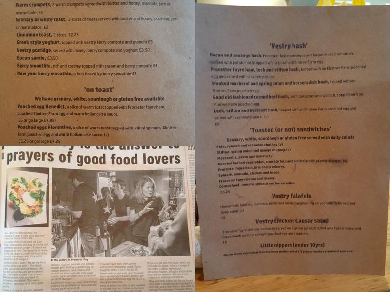 Vestry Cafe at Prema Arts Centre Menu