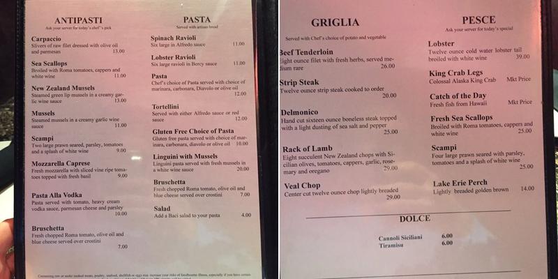 Baci Restaurant & Bar Menu