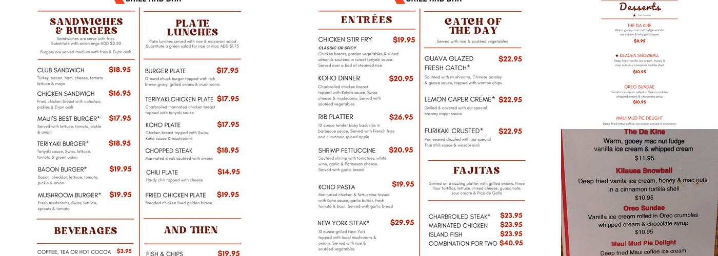 Koho's Grill & Bar Menu