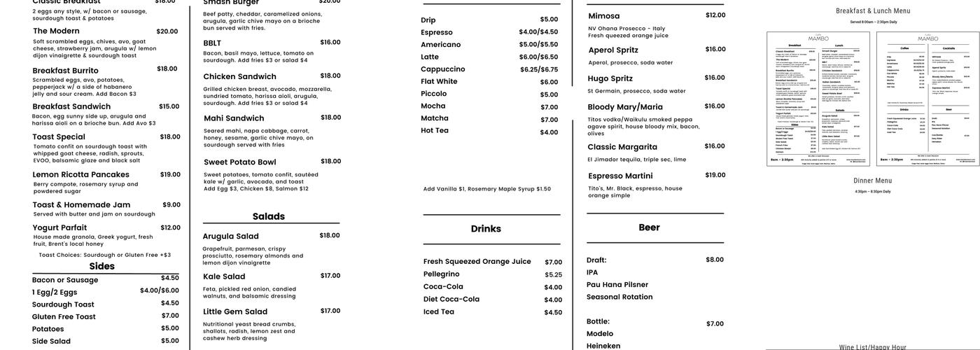 Cafe Mambo Menu