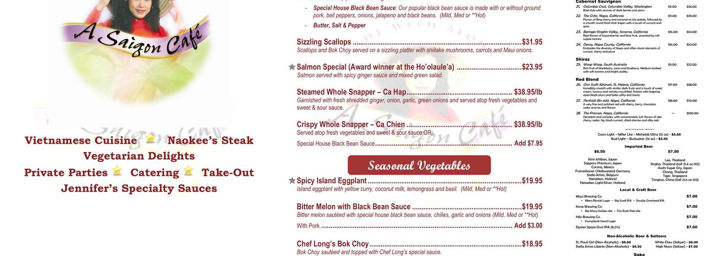 A Saigon Cafe Menu