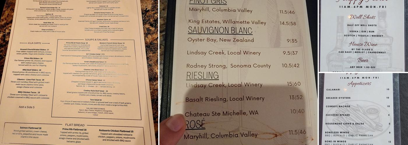 Ernie's Steakhouse Menu