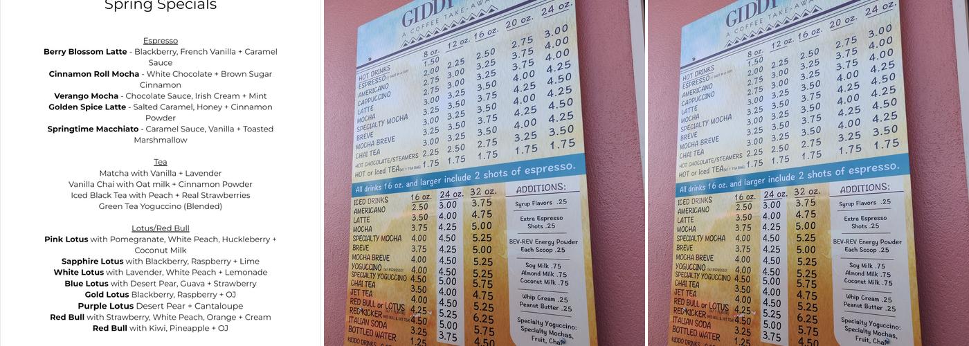 Giddy Up and Go Espresso Menu