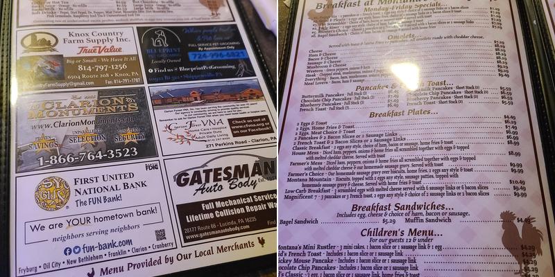 Montana's Country Cafe Menu