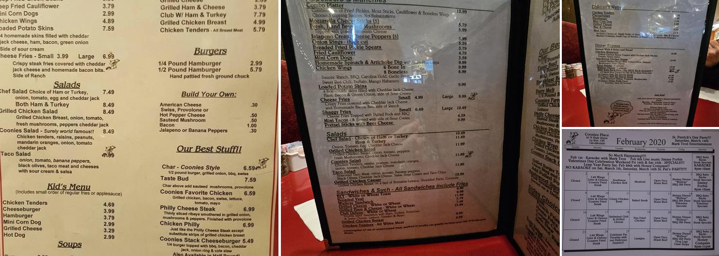 Coonies Menu