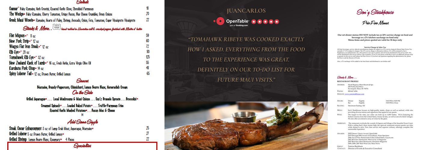 Son'z Steakhouse Menu