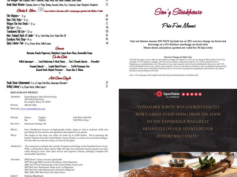 Son'z Steakhouse Menu