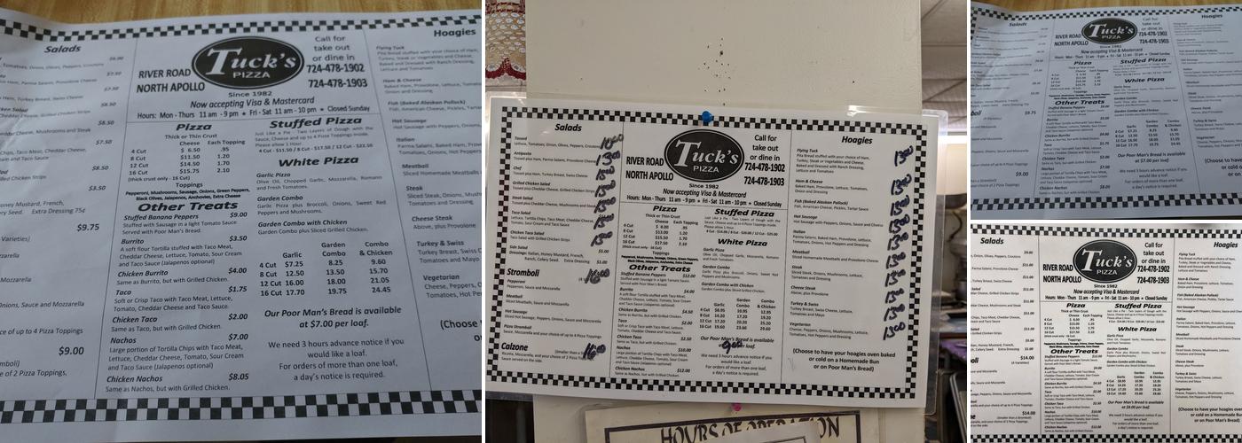 Tuck's Pizza Menu