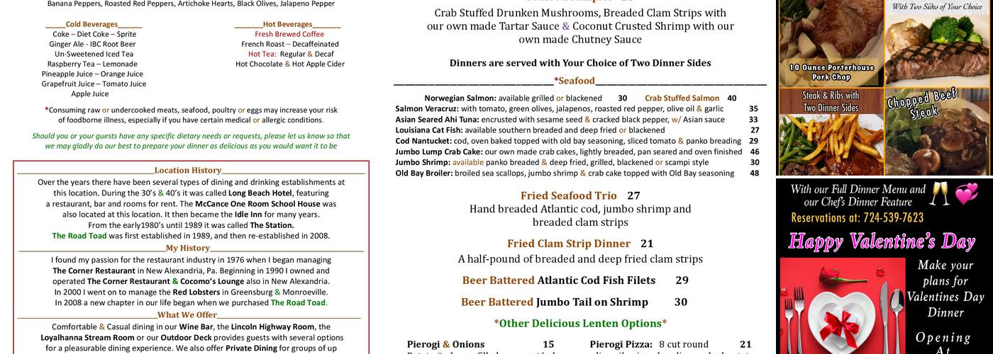 The Road Toad Menu