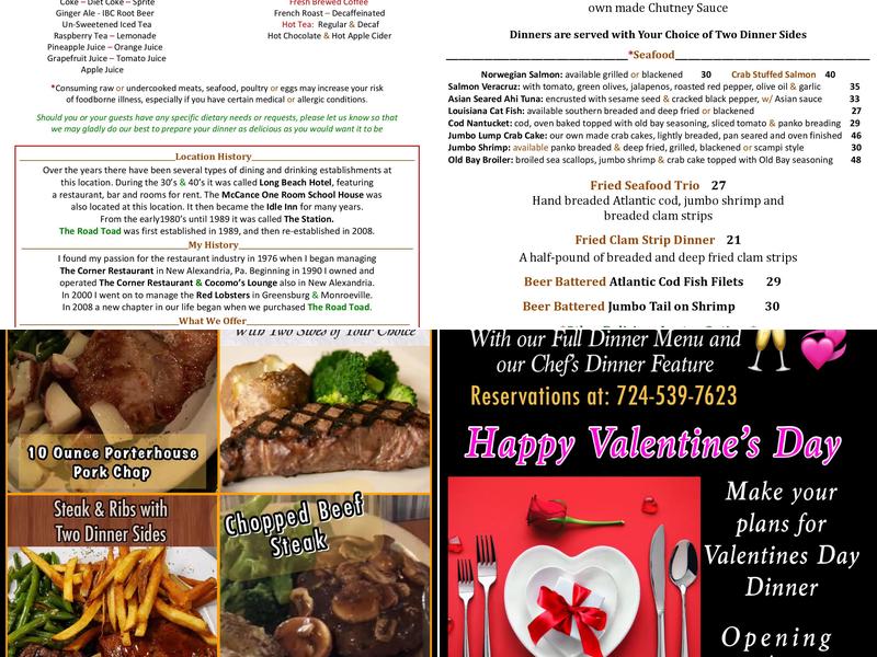 The Road Toad Menu