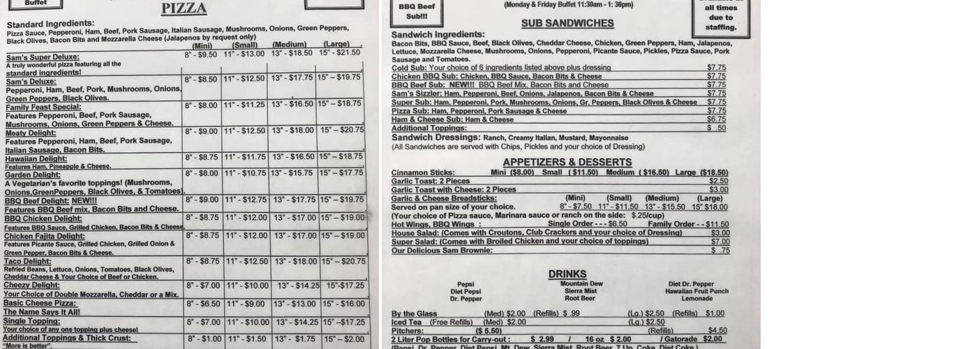 Sam's Pizza Barn Menu