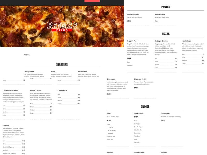 Reggie's Pizza Menu