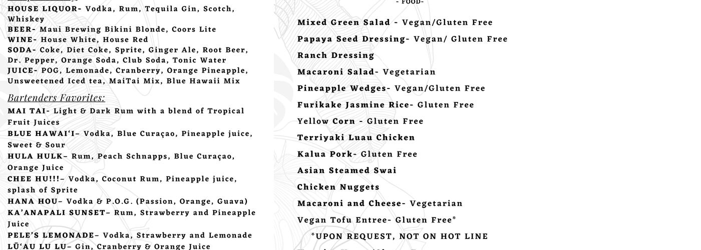 Myths of Maui luau Menu