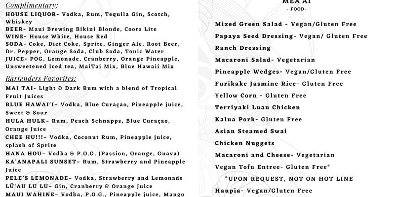 Myths of Maui luau Menu