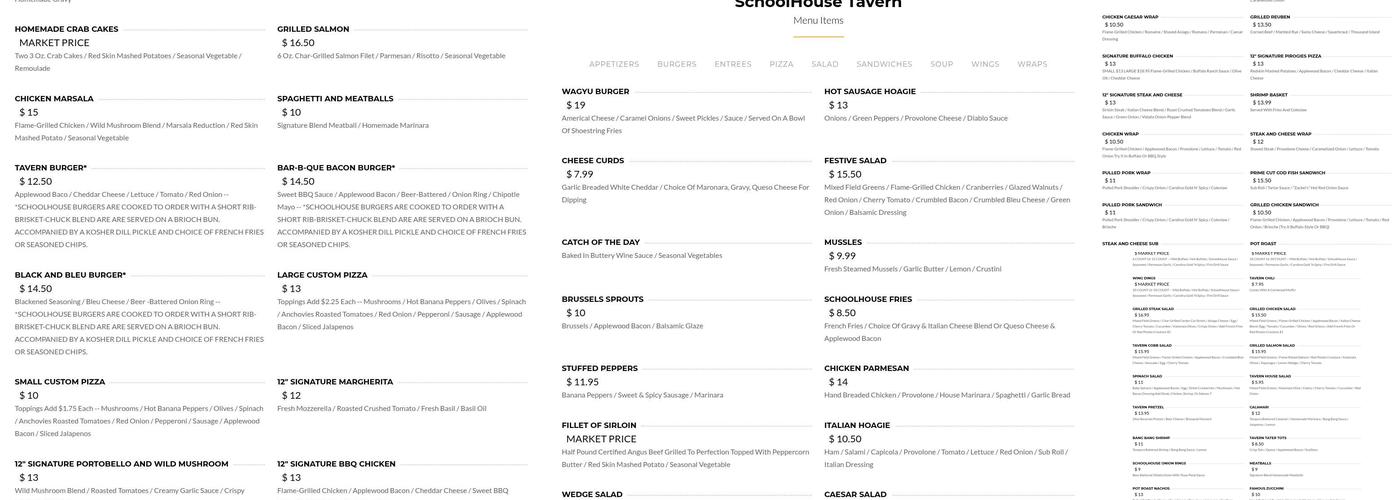 Schoolhouse Tavern Menu