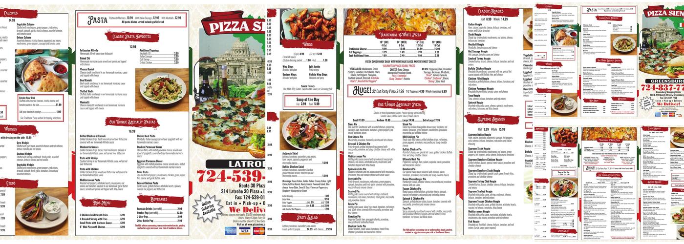 Pizza Siena Menu
