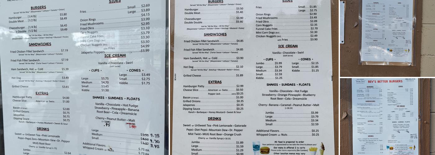 Bev's Better Burgers Menu