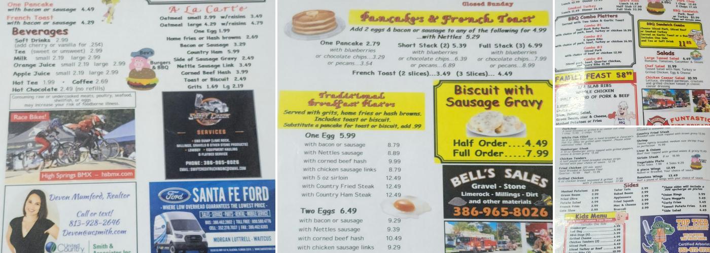 Bev's Burger Café Menu