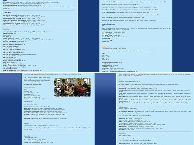 Fun Central Inc Menu