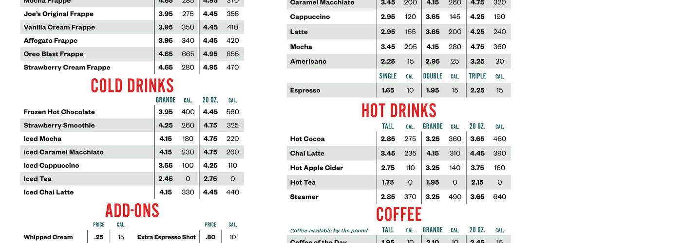 Joe Muggs Coffee Menu