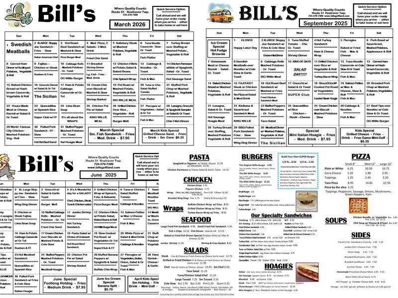 Bill's Restaurant Menu