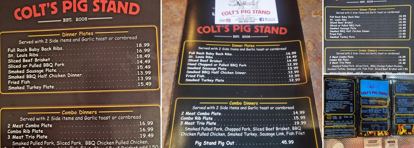 Colt's Pig Stand Menu