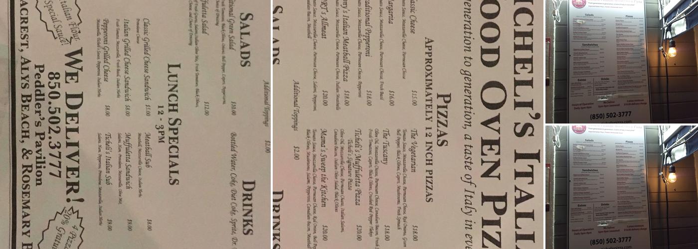 Ticheli's Pizza Menu
