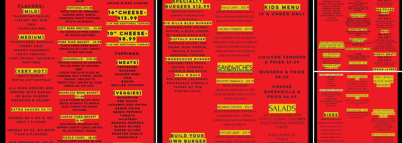 Patches Pub Menu