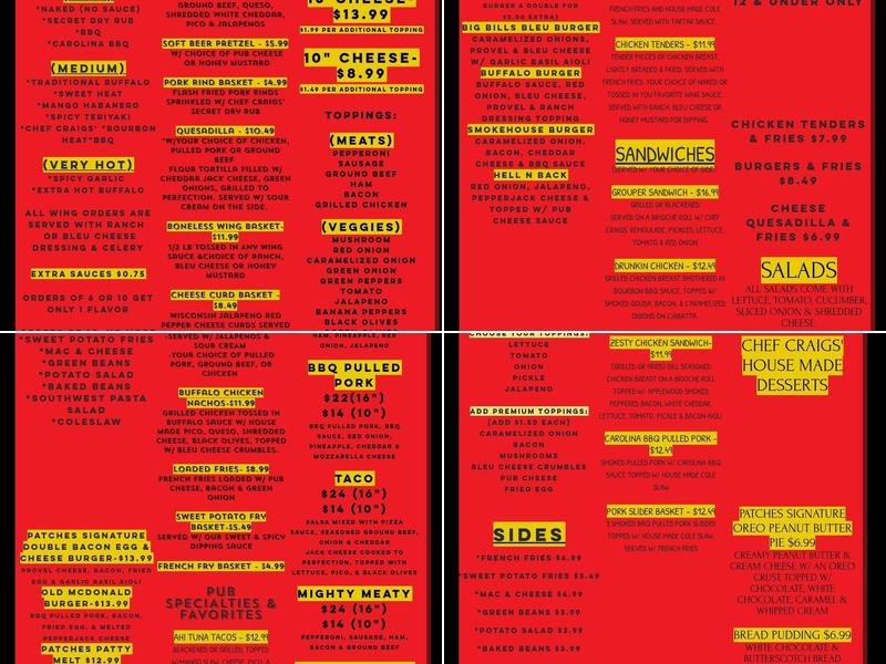 Patches Pub Menu