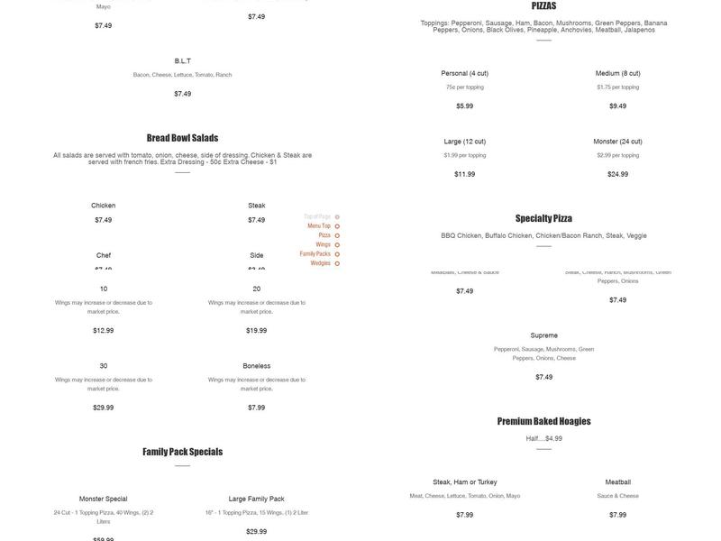 McBride's Pizza Shop Menu