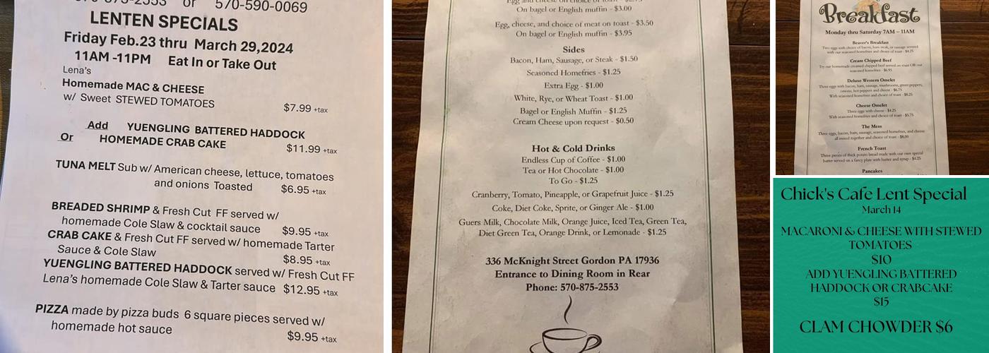 Chicks Cafe Menu