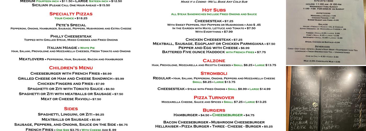 Pete's Restaurant & Pizzeria Menu