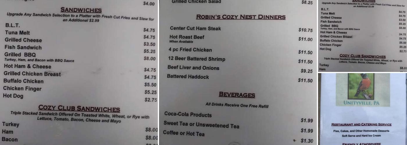 Robin's Cozy Nest Menu