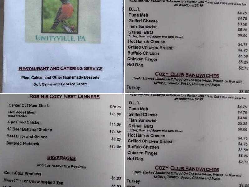 Robin's Cozy Nest Menu