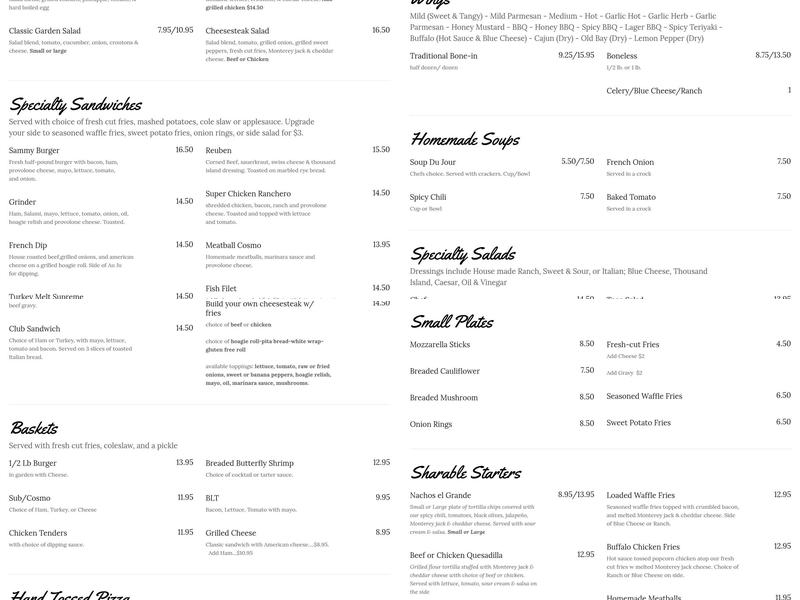 Sammy's Pizza Menu