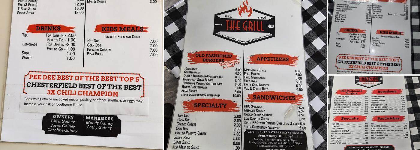 Bill's Grill Menu