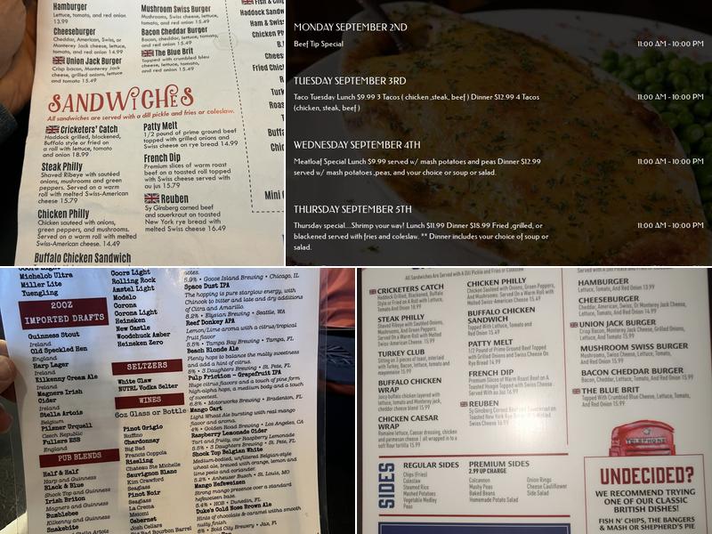 Cricketers British Pub & Restaurant Dunedin Menu