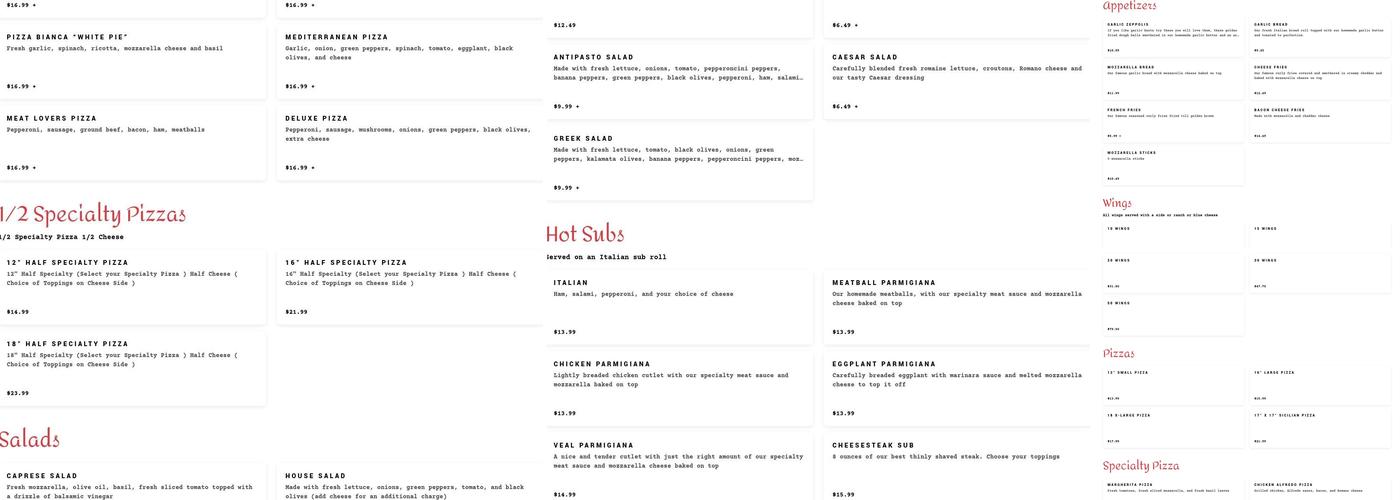 Emilios Italian Pizzeria & Restaurante Menu