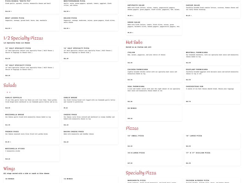 Emilios Italian Pizzeria & Restaurante Menu