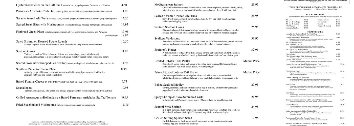 Pixie & Bill's Menu