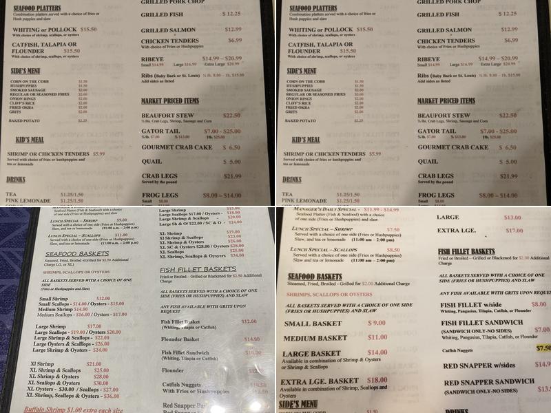 Cliff's Seafood Menu