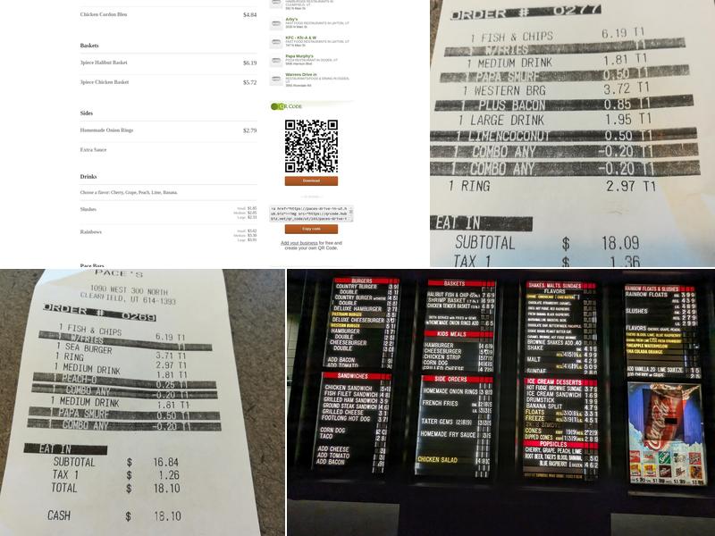 Pace's Drive In Menu