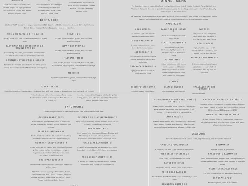The Boundary House Restaurant Menu