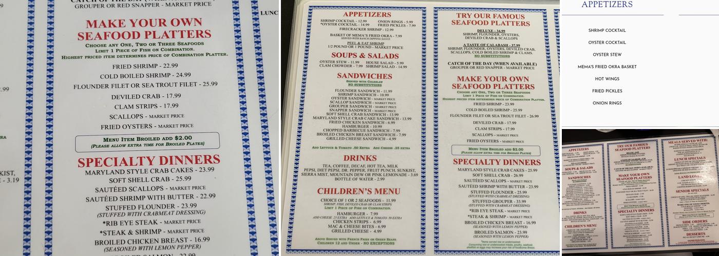 Captain Nance's Seafood Menu