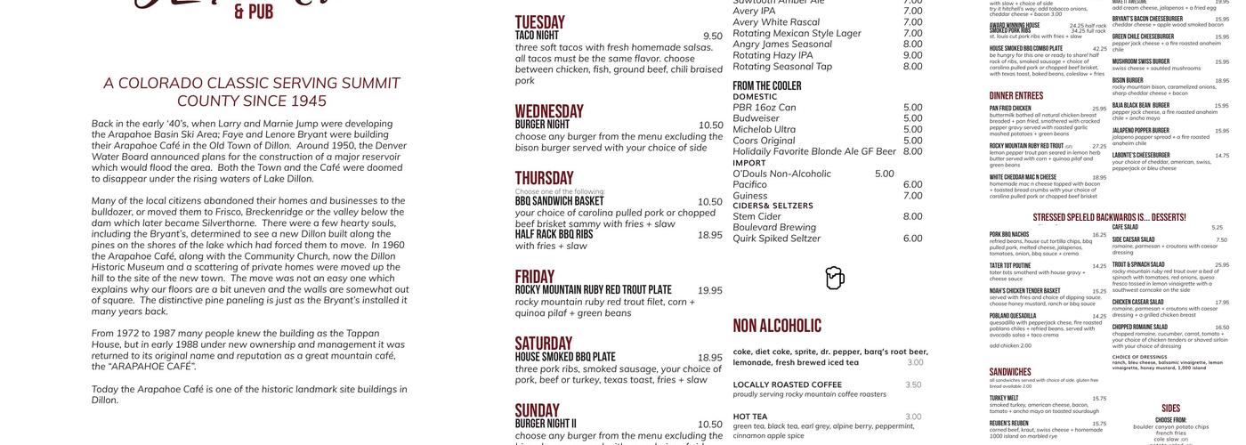 Arapahoe Cafe & Pub Menu